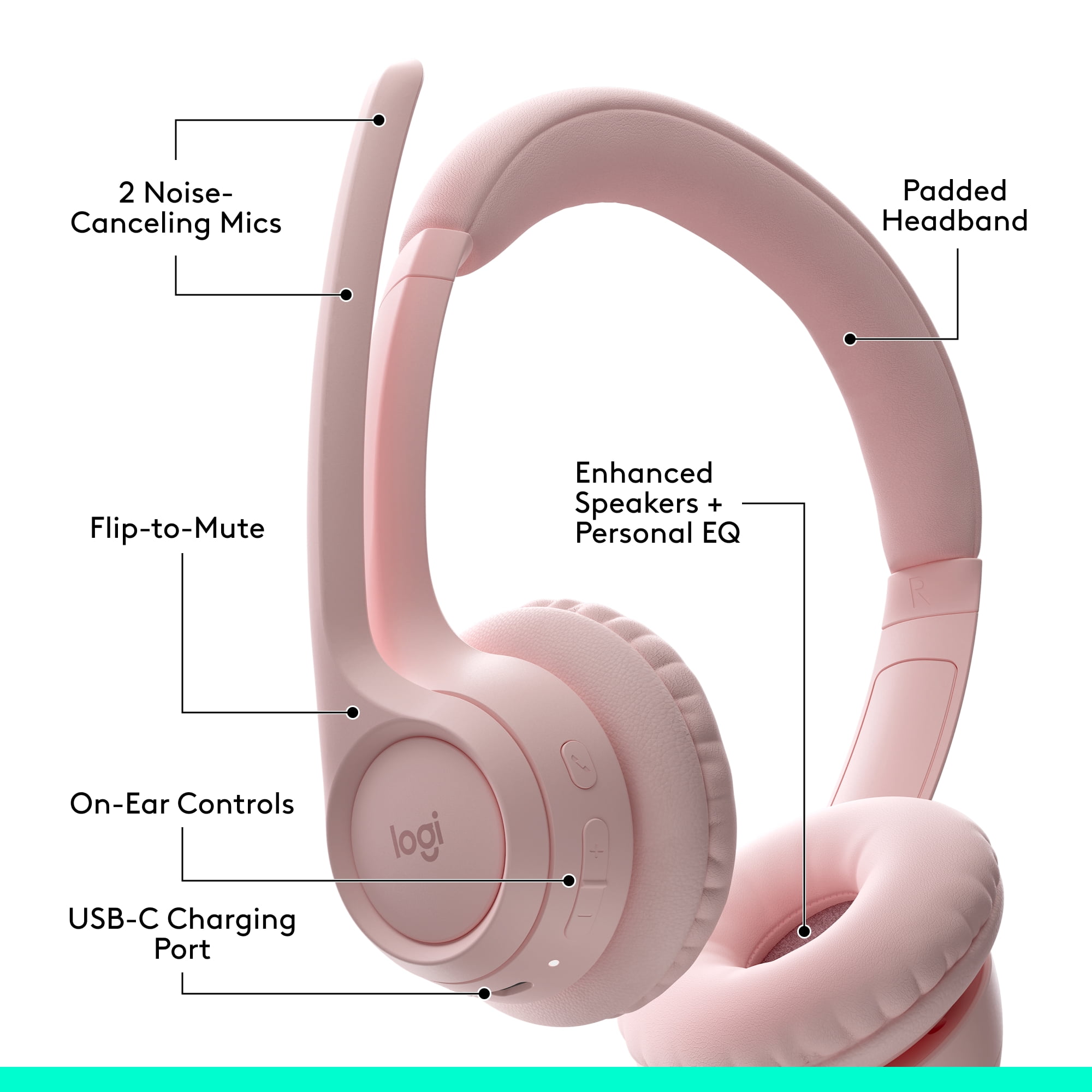 Logitech Zone 300 Wireless Bluetooth Headset with Noise-Canceling Microphone, Rose