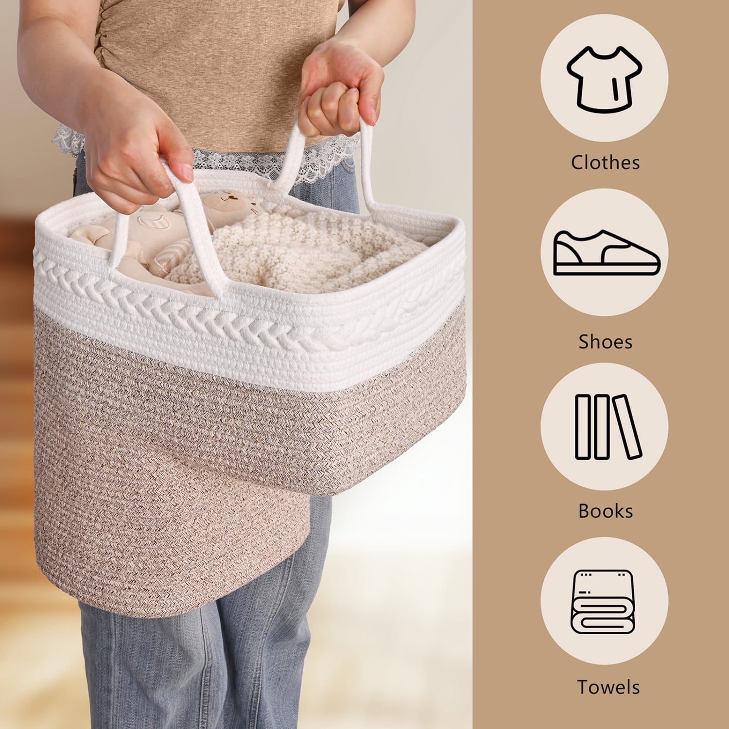 Natubeau Woven Storage Baskets, Brown Large Storage Basket with Handles for Wooden Stairs, Staircase Baskets for Organizing, 15"L x 10"W x 15"H