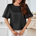 thumbnail image 4 of Womens Satin Silk Blouses Puff Short Sleeve Dressy Casual Tops Loose Fit Crew Neck Cropped Shirts, 4 of 5