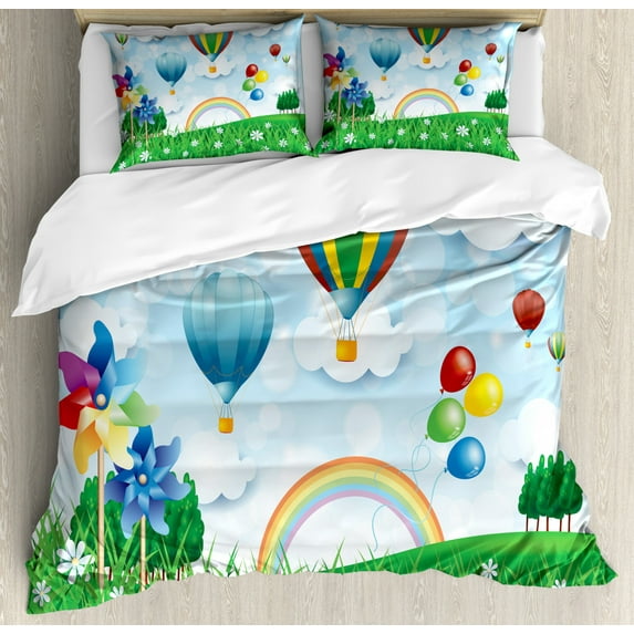 Pinwheel Duvet Cover Set King Size, Floral Spring Field with Hot Air Baloons Rainbow Clouds Daisy Garden Landscape, Decorative 3 Piece Bedding Set with 2 Pillow Shams, Multicolor, by Ambesonne