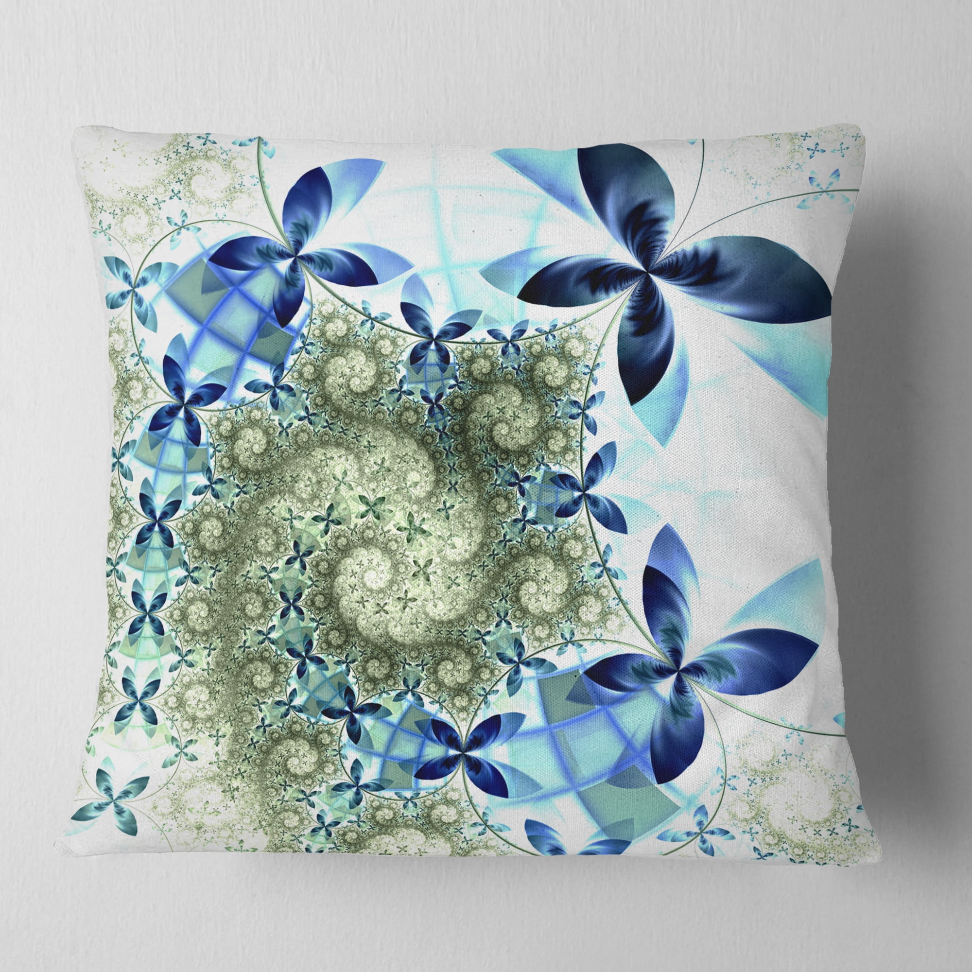 Designart Blue and Green Fractal Flowers - Floral Throw Pillow - 18x18
