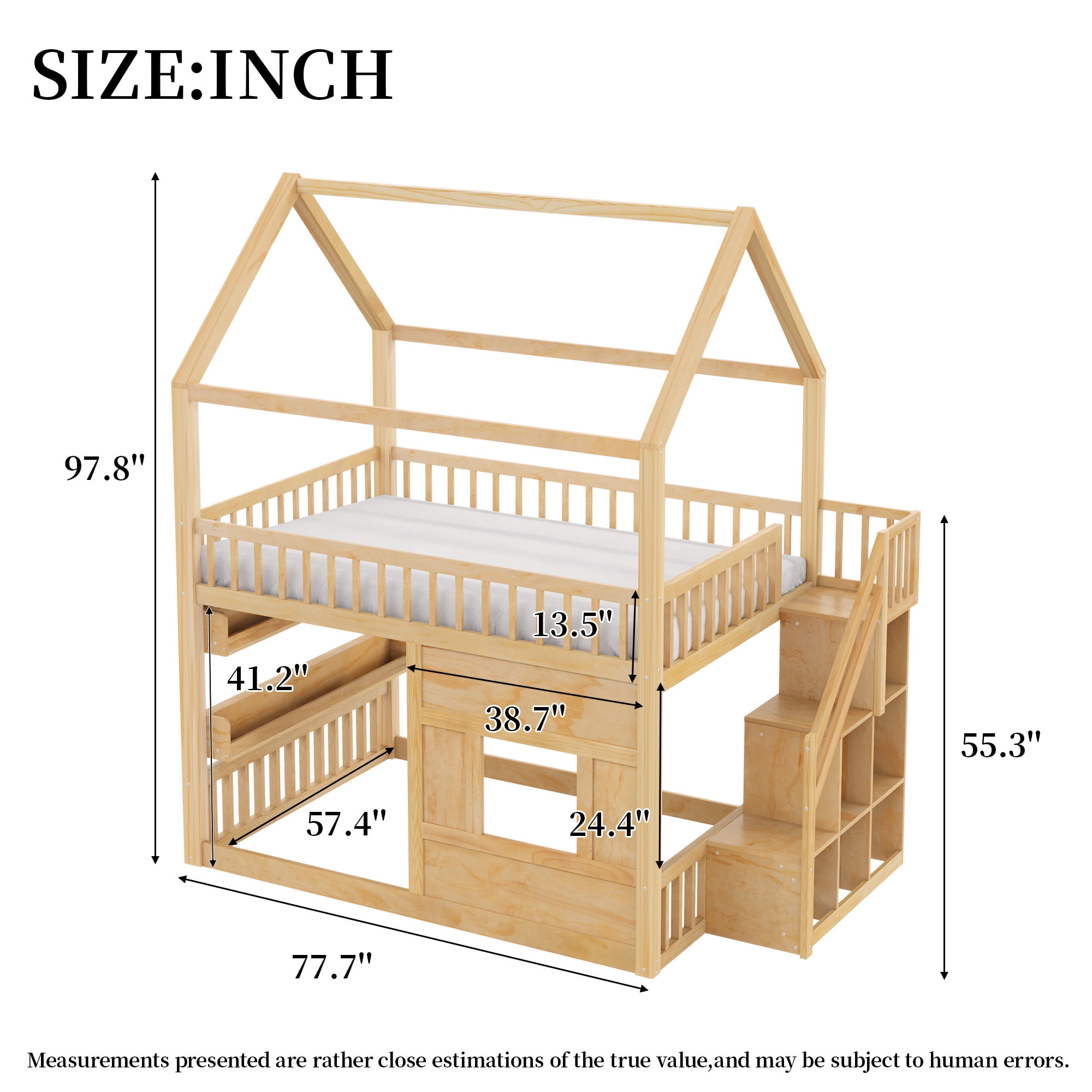 Euroco Wood Full over Full Bunk Bed with Staircase, House Bed with LED Light, Natural