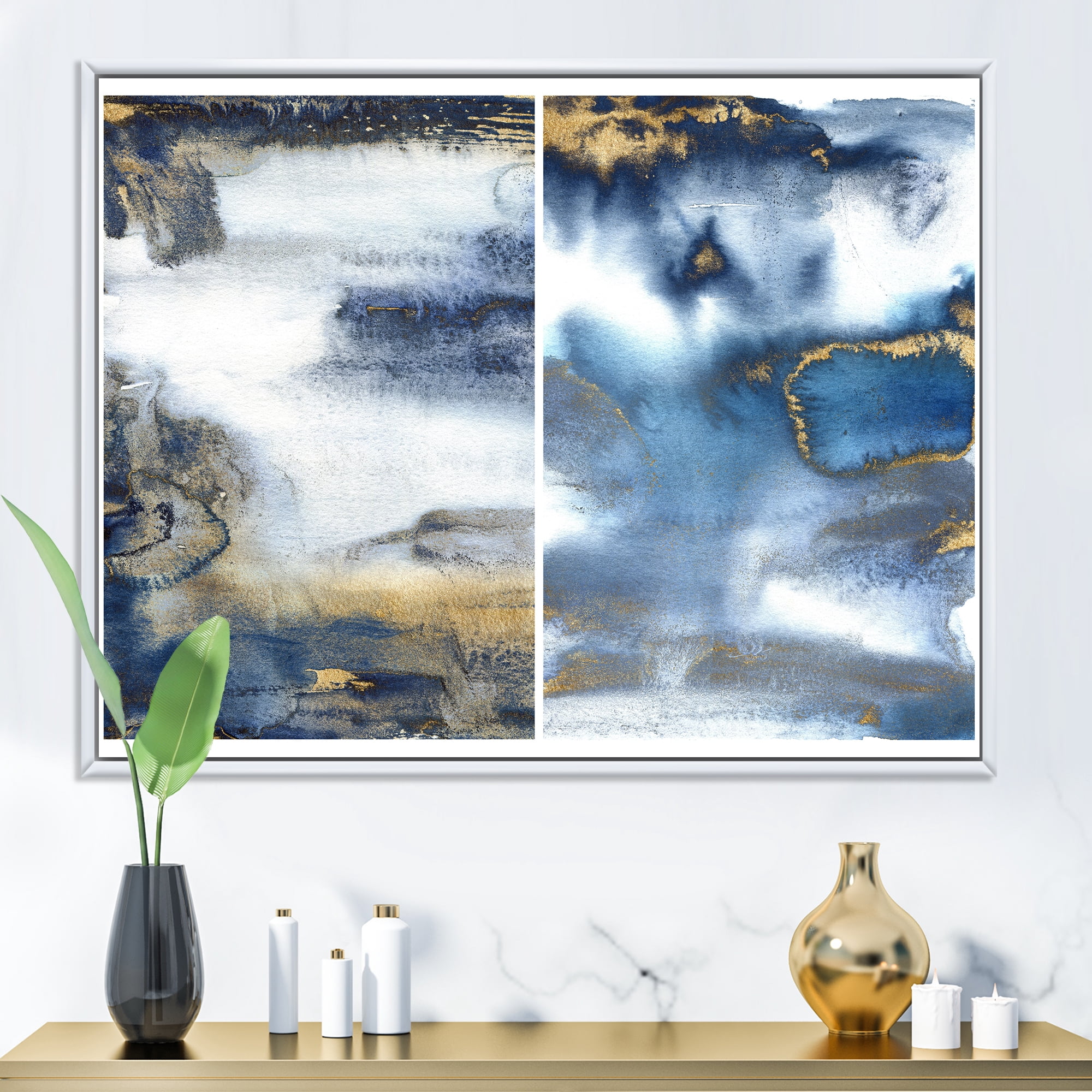 Designart 'Gold and Dark Blue Abstract Waves I' Modern Framed Canvas Wall Art Print