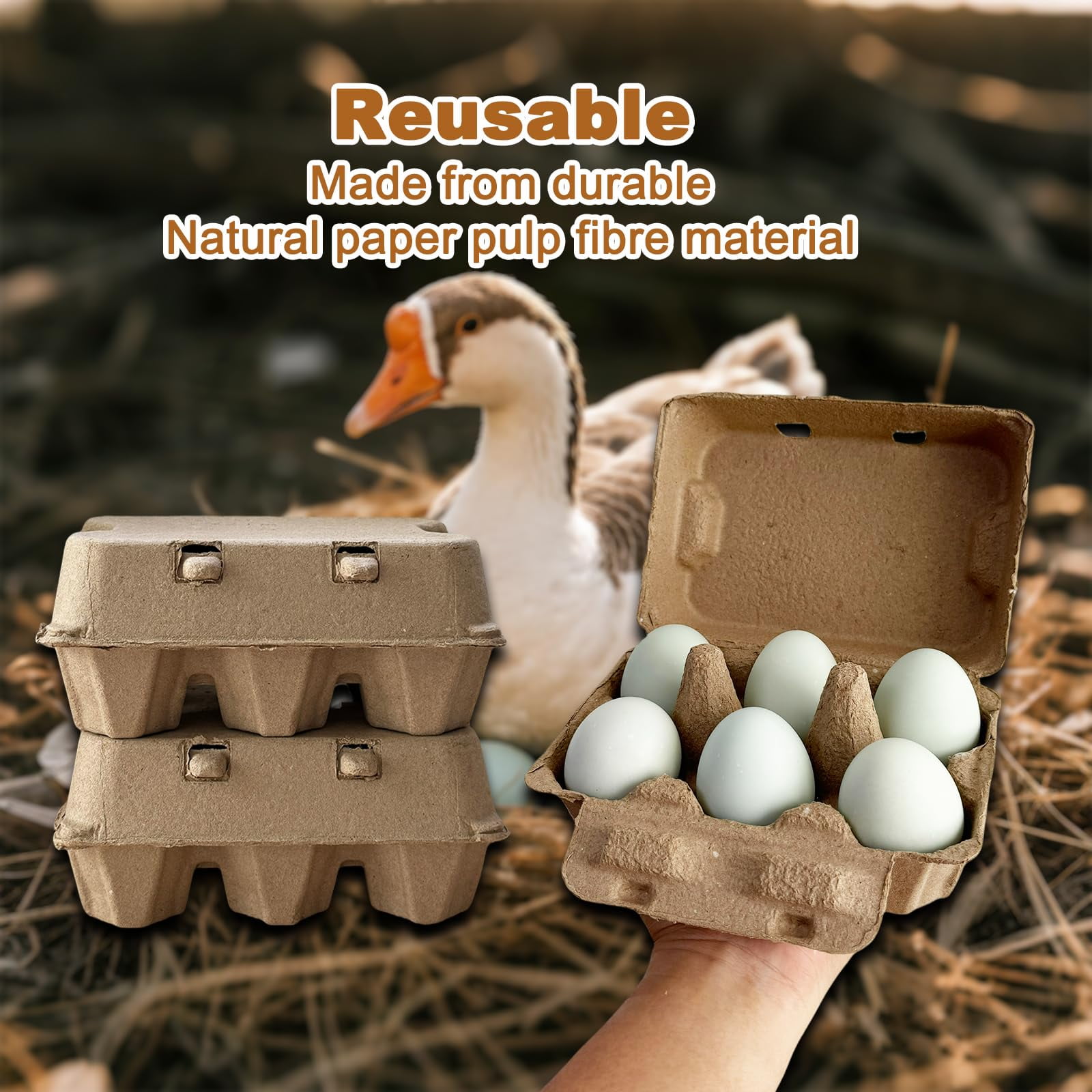 Half Dozen Pulp Duck Egg Carton Container, 6-Count Storage Box for Farm Fresh Double-Yolked Jumbo Eggs, Reusable, Brown