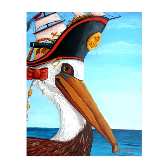 Captain Pelican - Painting Whimsical Nautical Surrealism Bird Humor Animal Unframed Wall Art Print 8 x 10 inches