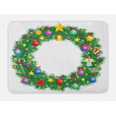 Letter O Bath Mat, Christmas Wreath Festive Display of Capital O Circle with Celebratory Elements, Non-Slip Plush Mat Bathroom Kitchen Laundry Room Decor, 29.5 X 17.5 Inches, Multicolor, Ambesonne