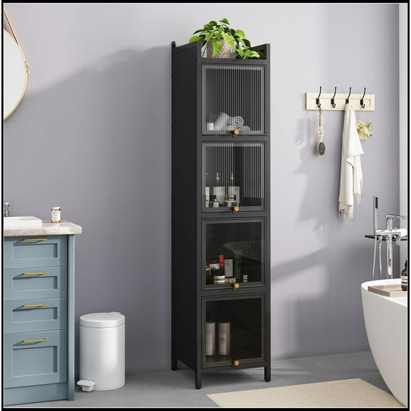 Modern Four-tier Glass Door Cabinet with Featuring Five-tier Storage, for Entryway Living Room Bathroom Dining Room