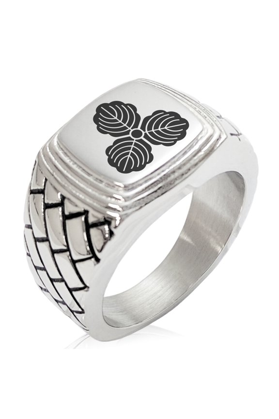 Stainless Steel Kasai Samurai Crest Geometric Pattern Step-Down Biker Style Polished Ring