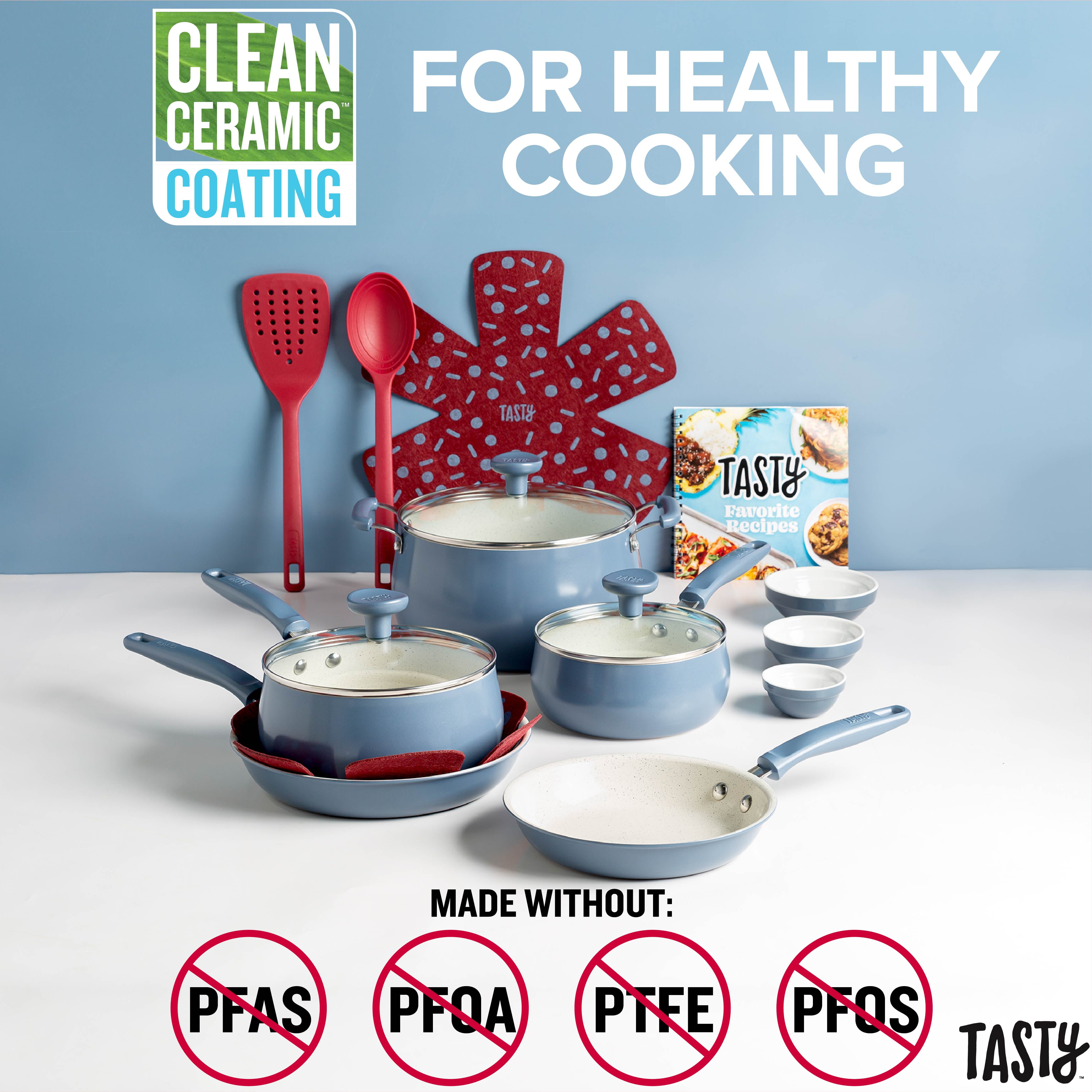 Tasty Clean Ceramic 16 Piece Non-Stick Aluminum Cookware Set, Slate Blue