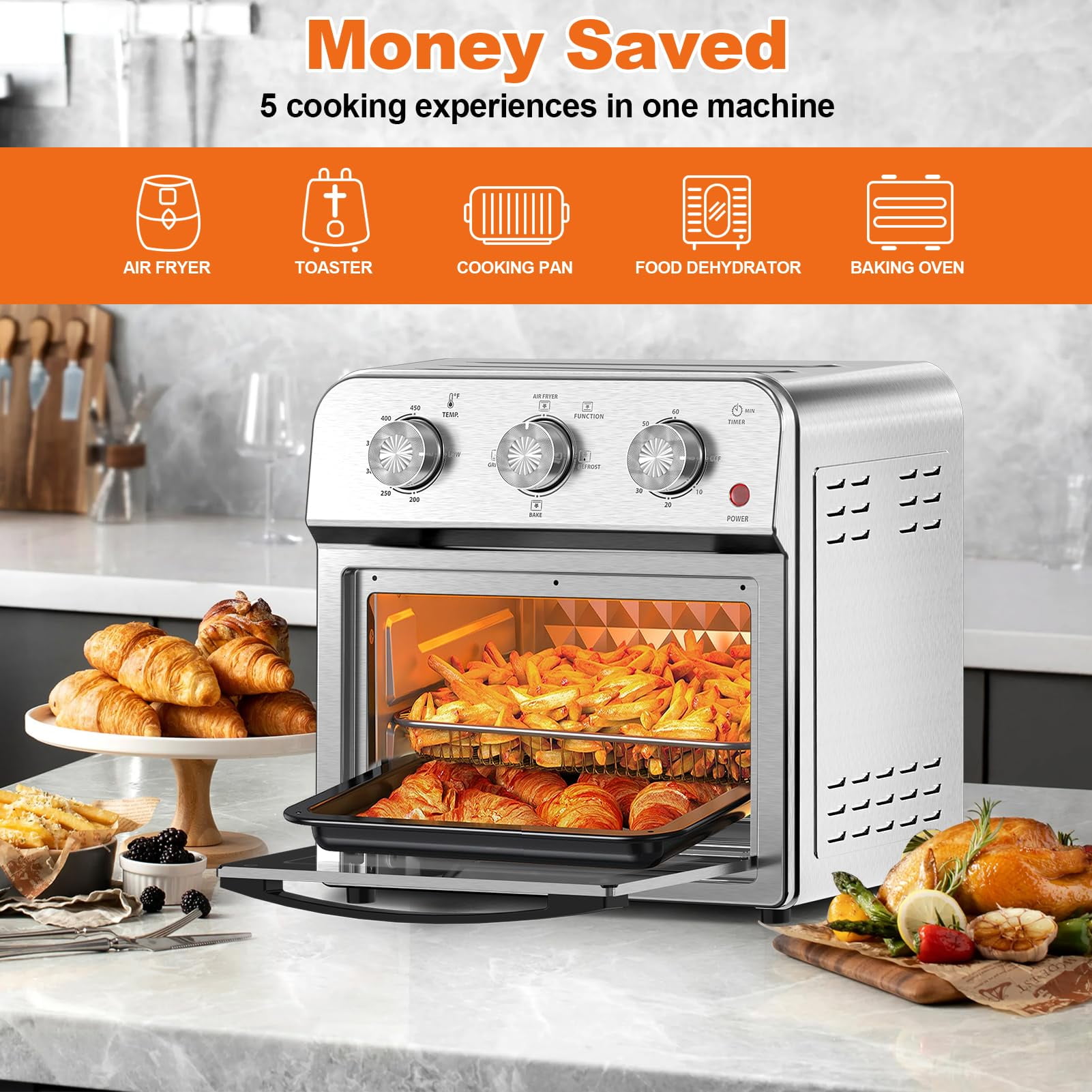 Family Size Air Fryer Toaster Oven Combo,13QT,360° Hot Air Circulation for Healthy Oil-Free Cooking, Multifunctional Convection Contertop Oven, Adjustable Time & Temp Control, Stainless Steel