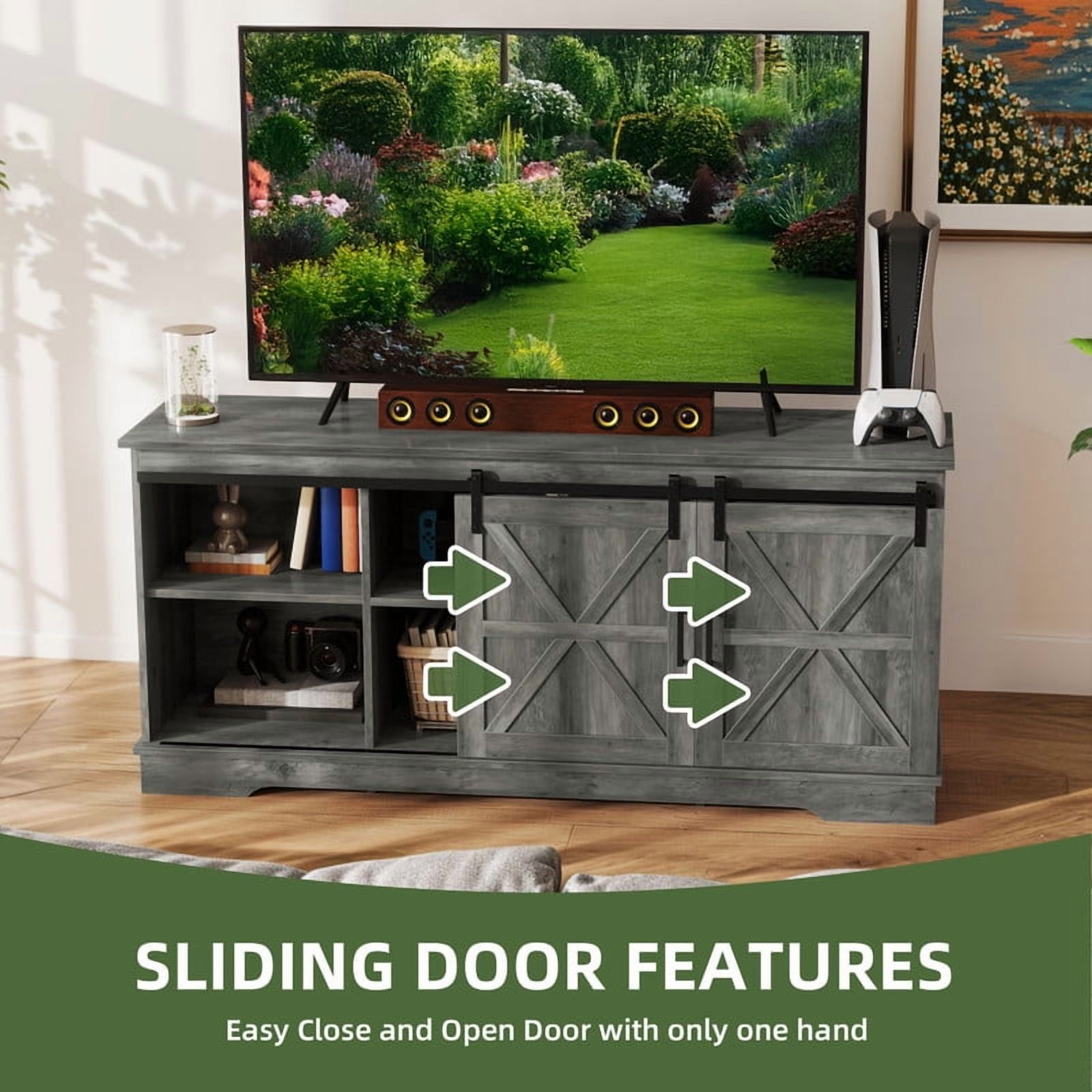Uforic Farmhouse TV Stand for 65-Inch TV, Entertainment Center with Sliding Barn Door,Media Console for Living Room,Grey
