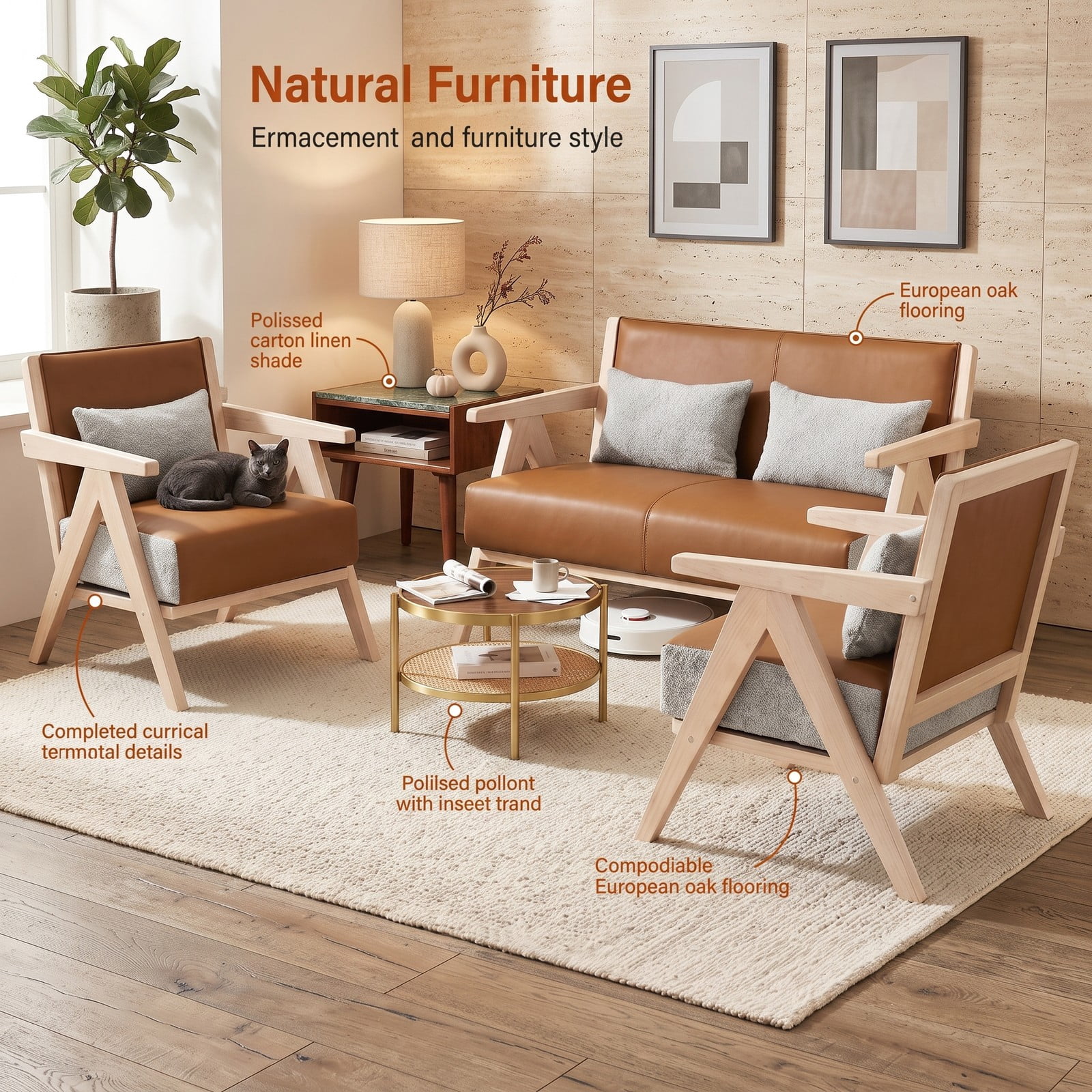 Furnibear Mid-Century Modern Accent Chair, Faux Leather Upholstered Armchair with Chenille Fabric, Rubber Wood Frame, Pocket Spring Cushion for Living Room, Brown