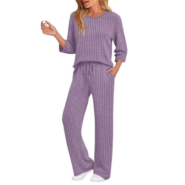 Ensembles de Détente 2 Pcs pour Femmes Tenues d'Automne Chandail à Manches 3/4 Col Rond Tunique Hauts Pantalons Larges Pyjama Doux Confortable Survêtement Violet TTG