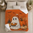 thumbnail image 5 of Whimsical Halloween Ghost Pumpkin Pie Autumn Leaves, Festive Halloween Scene, Warm Flannel Blanket for Living Room and Reading Nook, Art Lovers Halloween Gift, Festive Home Decor, 5 of 9