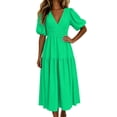 thumbnail image 2 of Aimik Women's Deep V-Neck Puff Short Sleeve Tiered Maxi Dress Smocked Waist Boho A-Line Vacation Dress, 2 of 6