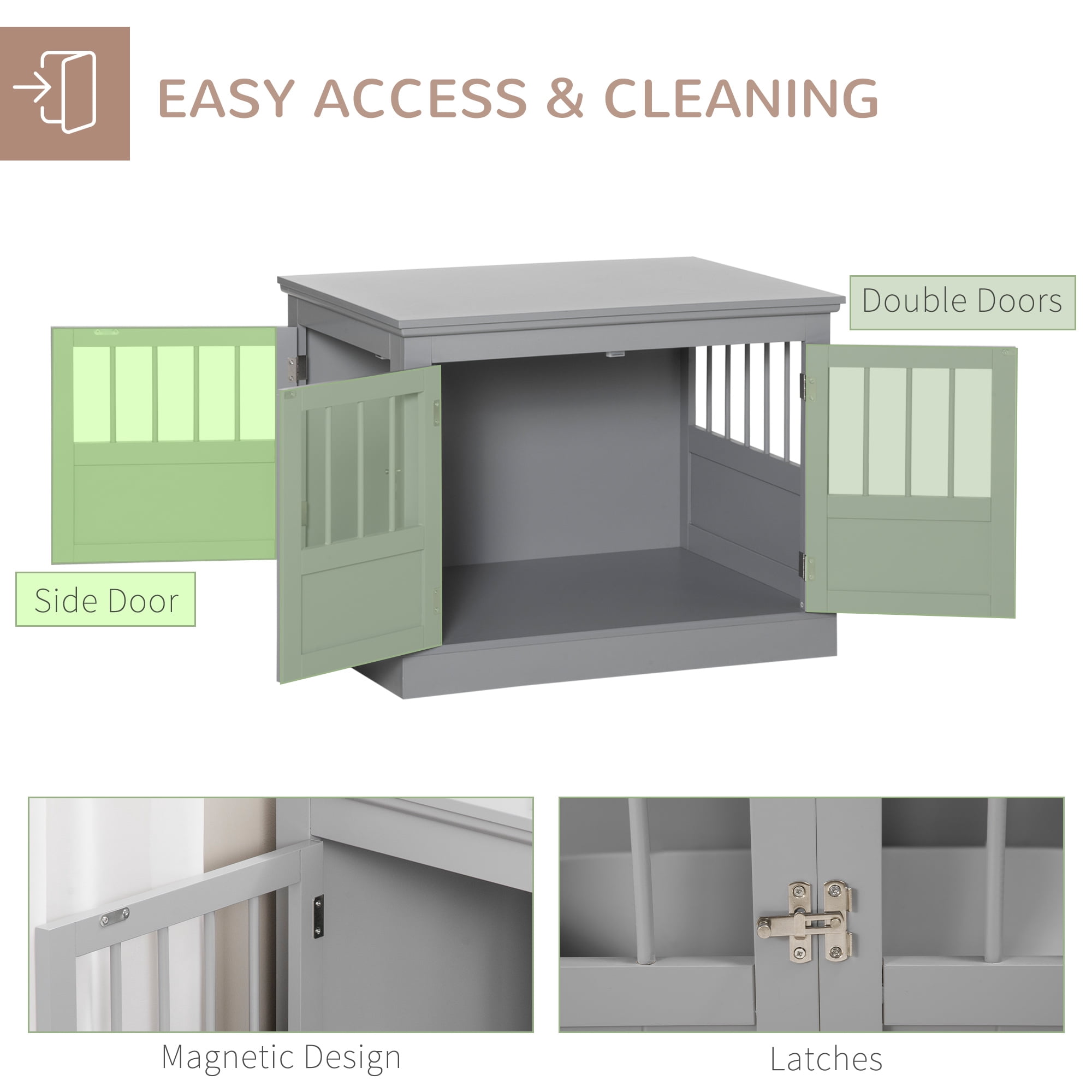 PawHut Dog Crate End Table with Triple Doors, Wooden Dog Crate Furniture Indoor Use, Puppy Crate for Small Dogs, Dark Gray
