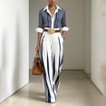 thumbnail image 2 of Morttic Women's Elegant Business Striped 2-Piece Outfit – Long Sleeve Lapel Button Front Shirt & High Waist Wide Leg Pants Blue，L, 2 of 6