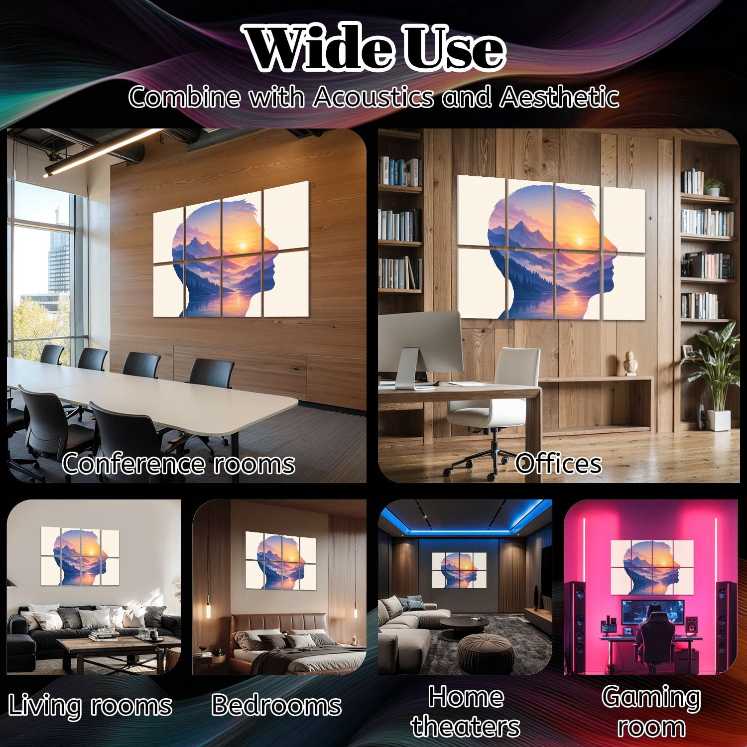 8 Pack Art Acoustic Panels Sound Absorbing Double Exposure Girl Portrait Landscape Decorative Soundproof Wall Panels Self Adhesive for Clinic Hospital 48"x32"