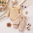 thumbnail image 2 of NOLDARES Newborn Baby Girl Clothes Infant Romper Fall Winter Outfits Gifts for Girls Cute Bell Bottoms Pant Sets 3Pc(Beige,0-3 M), 2 of 9