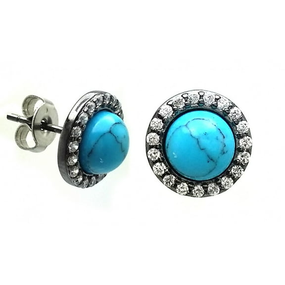 Sterling Silver Synthetic Turquoise Center With Round CZ Stud Earrings