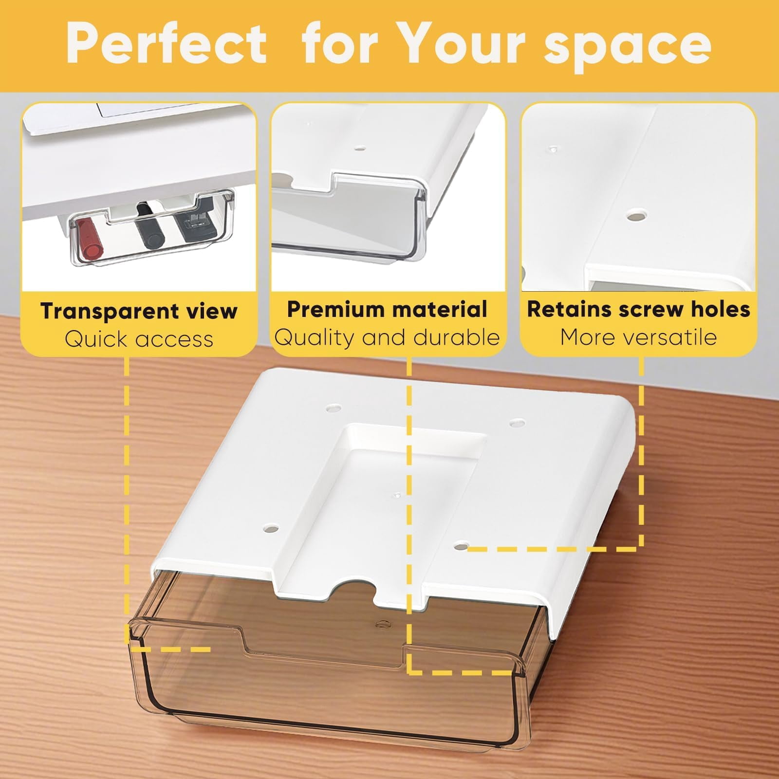 2 Pack Under Desk Hanging Drawer Slide Pull Out  Attachable Clear Storage Tray Easy Self Adhesive Mount Cabinet Shelf Holder For Tables Home & Office Counters Workstation