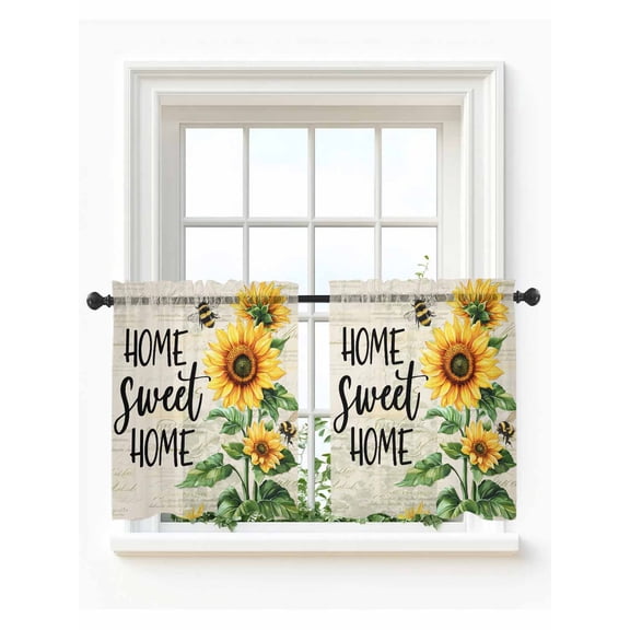 Sunflower Tier Curtains 24 Inch Length,Sheer Curtains for Bedroom Living Room Window Summer Botanical Bee Farmhouse Watercolor Rod Pocket Drapes Kitchen Curtains Small Half Window 27.5"x24" 2 Panels