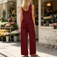 thumbnail image 4 of Mifsaly Two Piece Vacation Sets for Women Sleeveless Button Down Shirt and High Waisted Wide Leg Palazzo Pants Lightweight Flowy Summer Matching Lounge Outfits with Pockets Wine,S, 4 of 7