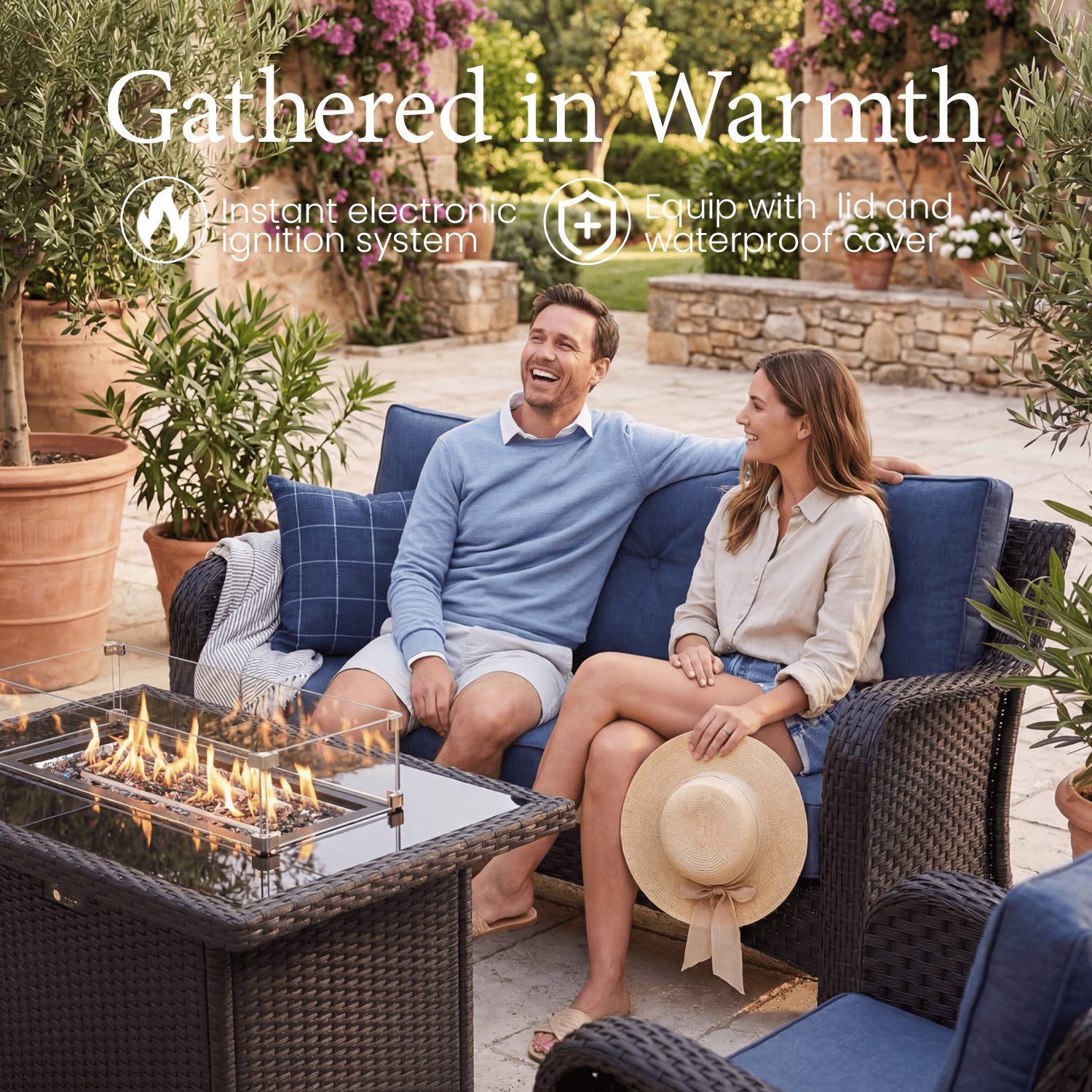 LayinSun 7 Piece Wicker Outdoor Furniture Set with 6-inch Comfy Cushions, High Back Patio Furniture Set with Rattan Armchairs and Fire Pit Table