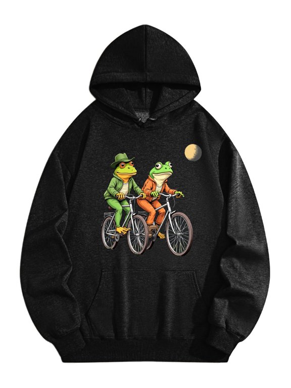 Men's Pocket Graphic Hooded Pullover, Two Frogs in Outfits Riding Bikes Under The Moon, Sizes S-2XL