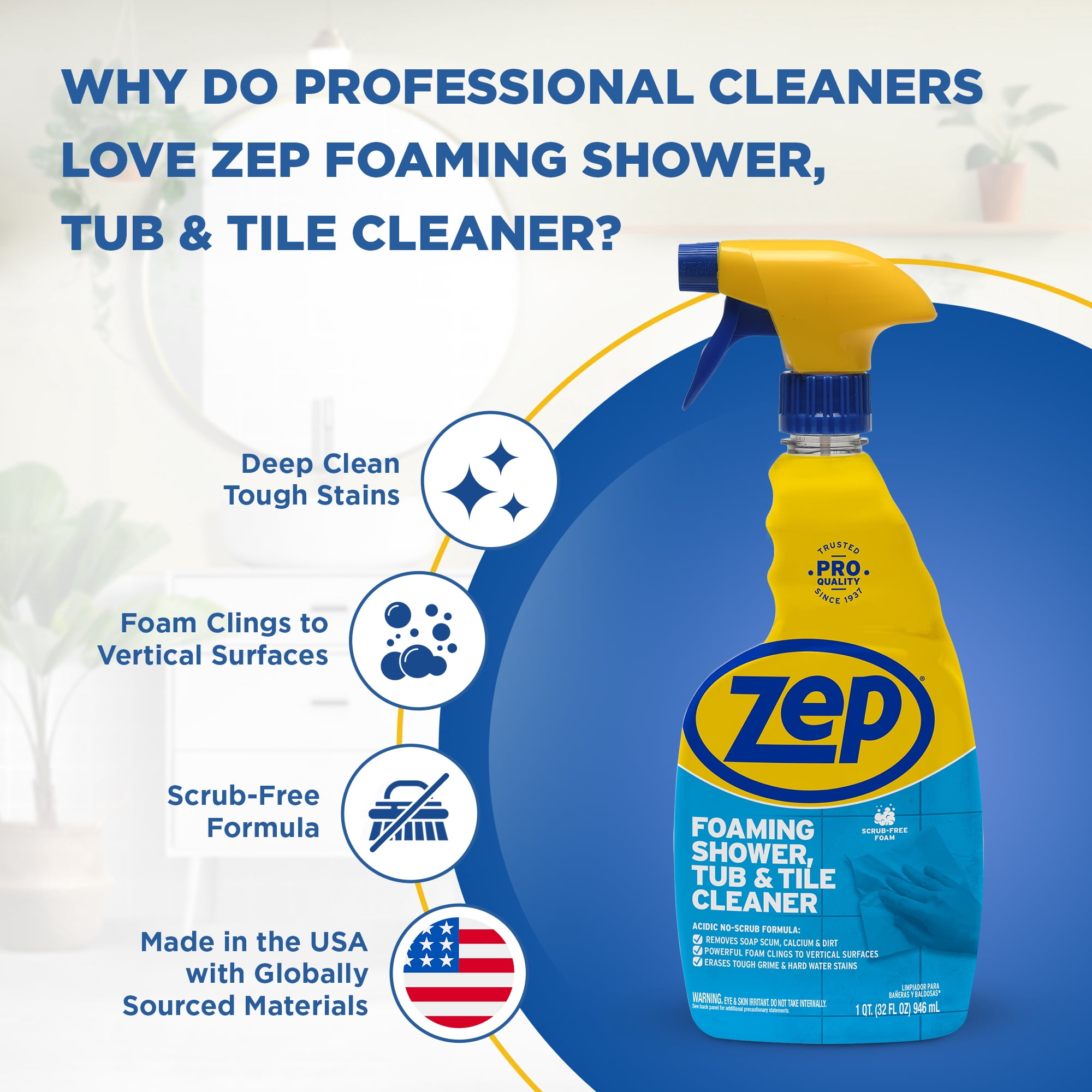 Zep, Shower Tub and Tile Cleaner, Foam, 32 oz, Blue - Walmart.com