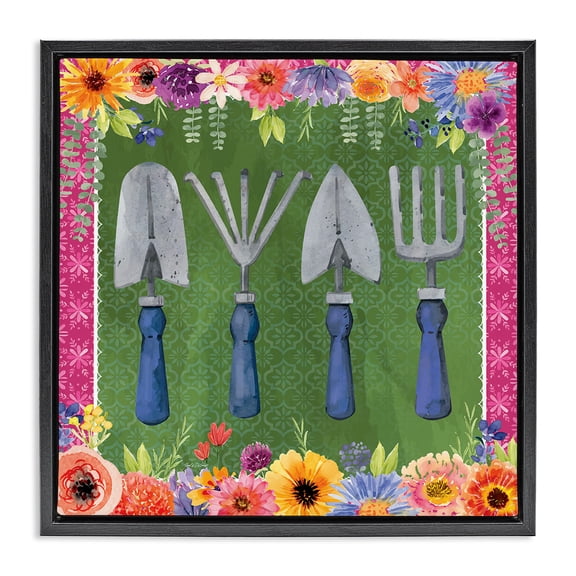 Stupell Industries Cottage Gardening Tools & Floral Border Black Floating Frame Canvas Art, 18 x 18, by Nicole DeCamp