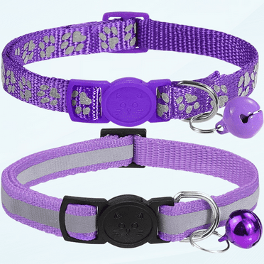 Reflective Cat Collars Breakaway with Bell, 2 Pack Girl Boy Pet Kitten Collar Adjustable 6-8 Inch, Purple