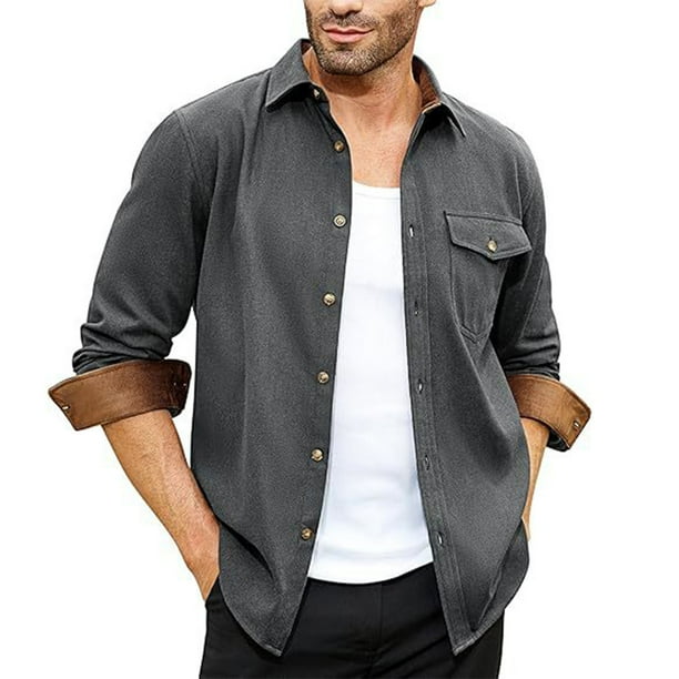 Blusa y camisa de manga larga con cuello vuelto para hombre, informal, lisa, con botones y bolsillo, de poliéster