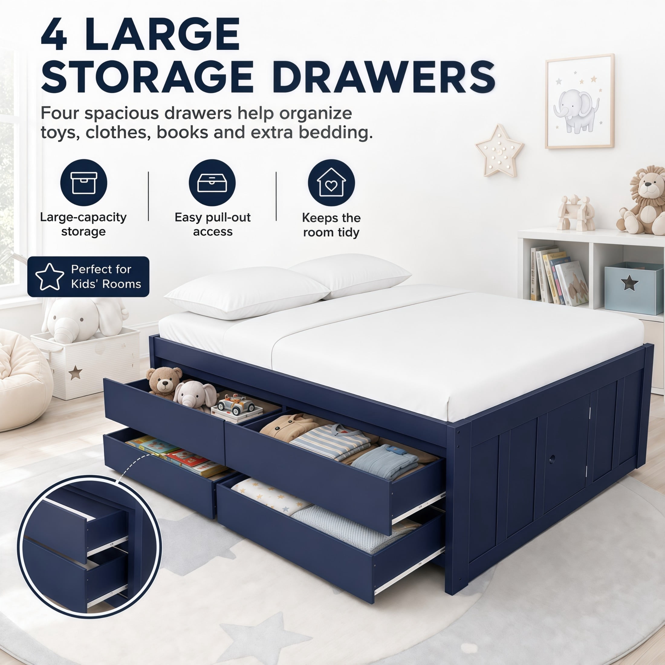 GDF Studio Tyler Full Size Captain Bed with Storage Drawers & Side Door, Modern Space-Saving Bed for Kids, Navy Blue