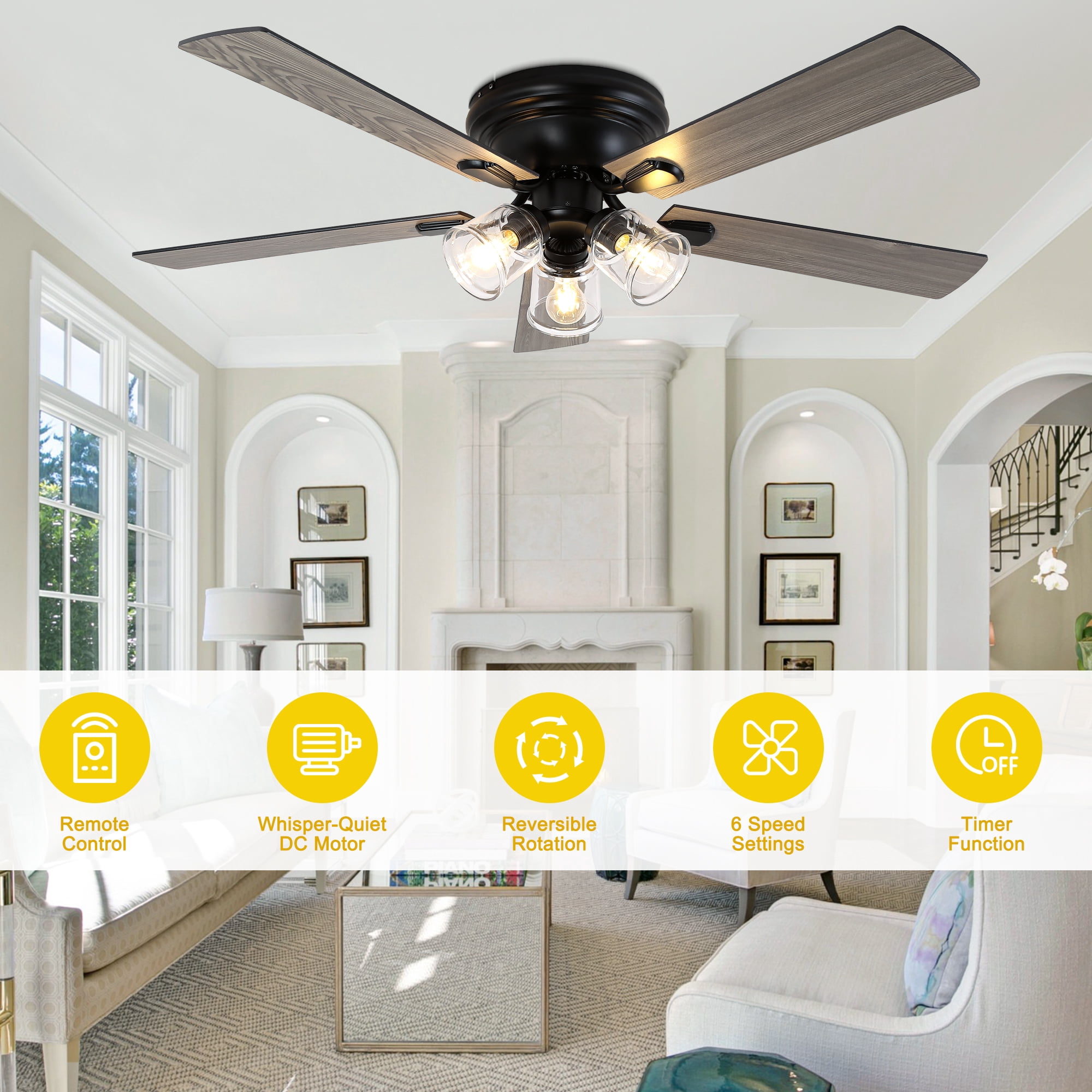 Chords Attic 52" Vintage 5-Blade Flush Mount Ceiling Fan with Lights and Remote Control, Rustic Farmhouse Ceiling Fan for Living Room, Dining Room,Bedroom