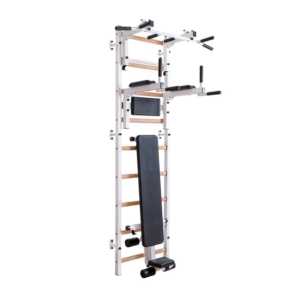BenchK 733 White Wall bars with convertible steel 6-grip pull-up bar that can also be used as a barbell holder, dip bar with back support and advanced workout bench