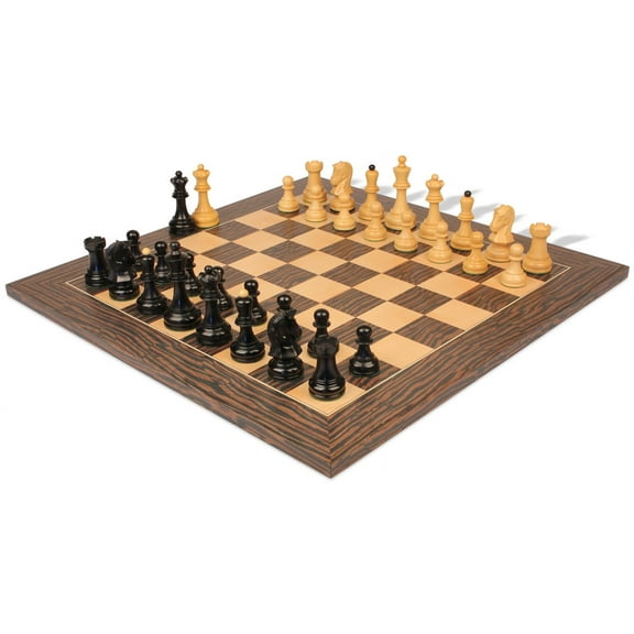 Dubrovnik Series Chess Set Ebonized & Boxwood Pieces with Deluxe Tiger Ebony & Maple Board - 3.9" King