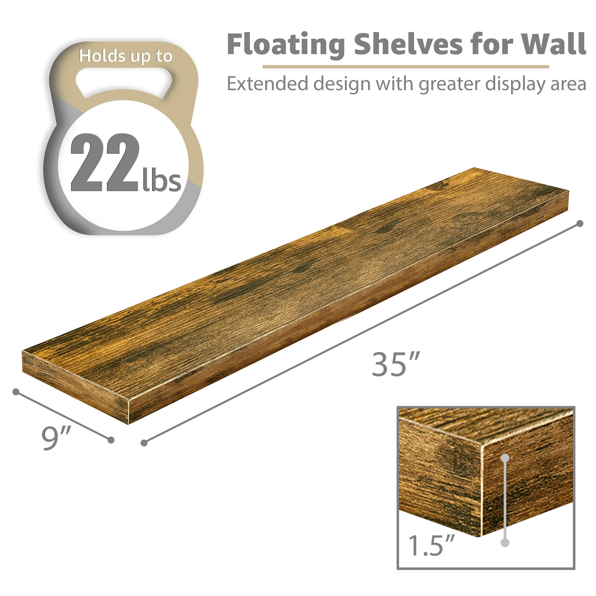 Sorbus Extra Long Floating Rectangle Shelves – 35" L x 9" D x 1.5" H Faux Wood Wall Shelves