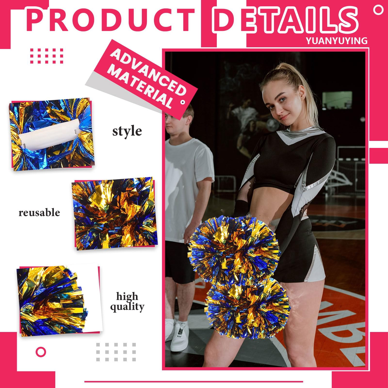 Pom Poms Cheer 18 Pcs with Handle, Cheerleading Handheld Squad Pompoms for Sports Team Spirit Games Dance Party Adults