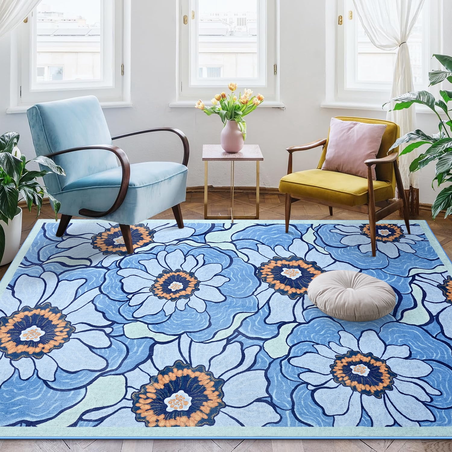 Wellber Area Rug Soft Vintage Floral Rugs Non Slip Carpet for Bedroom Living Room Home Deocr,4'x6',Blue