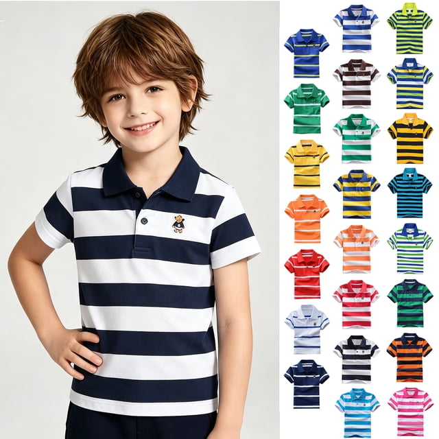 WENXIAOO Boys Polo Shirts Short Sleeve Striped Shirts for Boys with Button Collared for School Uniform Shirts Tennis Shirts Kids 11-12 Years Boys Clothes