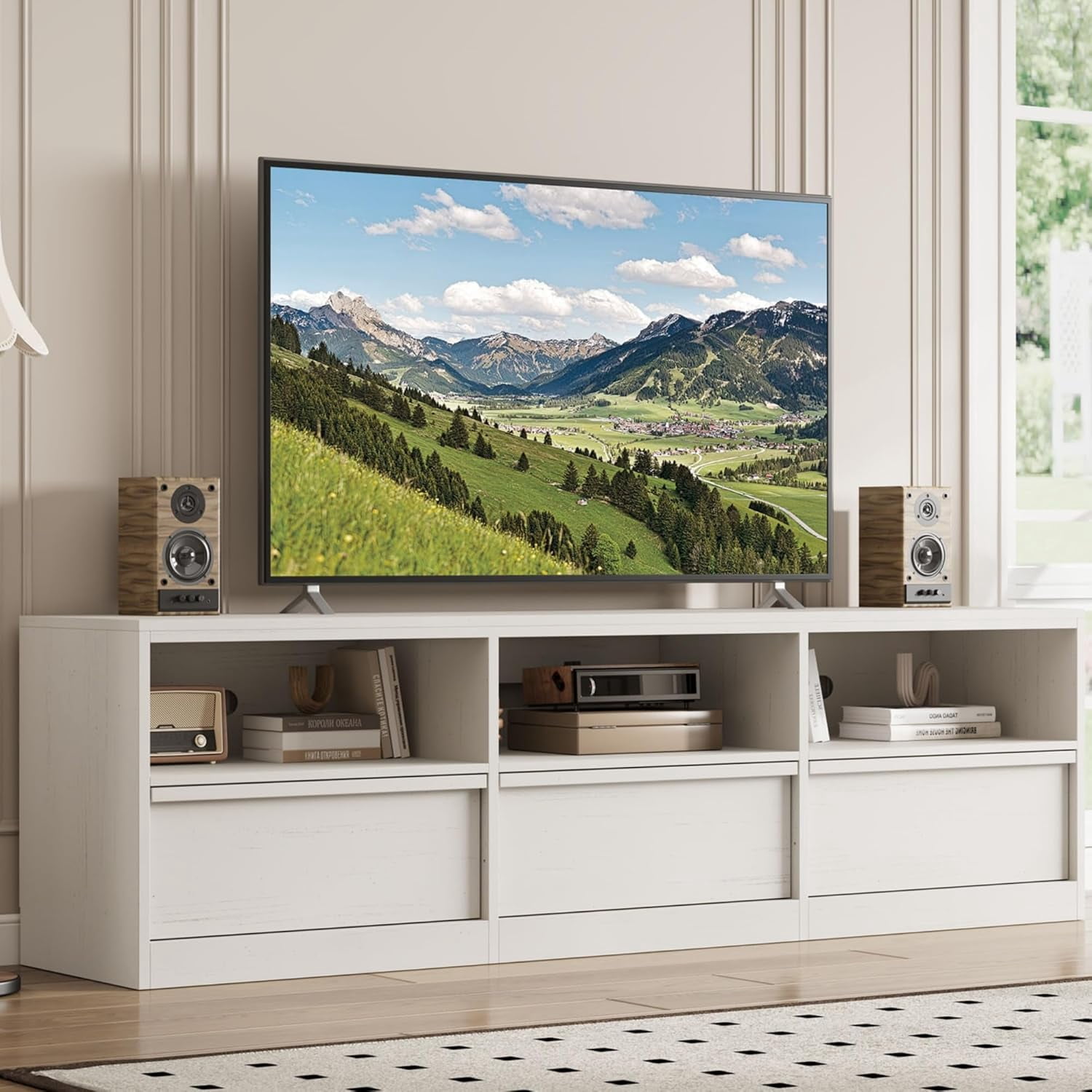 Garvee 70" TV Stand for TVs up to 85", Mid Century Modern Entertainment Center with Drawer, Open Shelves & Cable Management, White