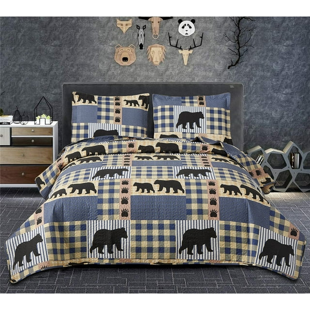 ARL HOME King Size Rustic Cabin Bedding Set, Blue Plaid Patchwork
