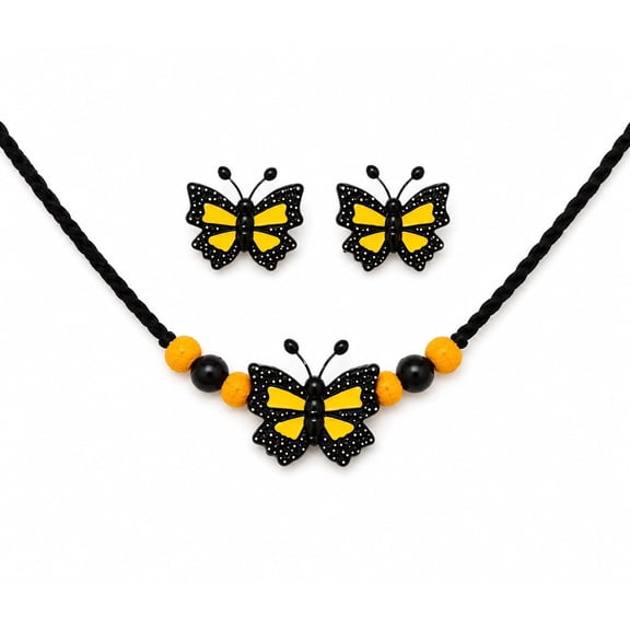 GBT - Handmade Butterfly Necklace & Earring Set for Women – Black and Yellow Beaded Floral Fashion Jewelry
