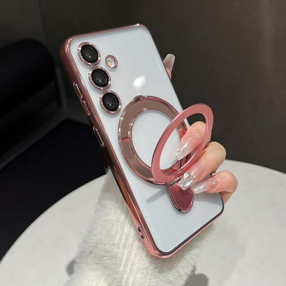 for Samsung Galaxy S24 Plus Case with Invisible Stand & Ring Holder[Compatible with MagSafe] [ Drop Protection] Transparent Electroplated Bumper Phone Case - Clear Pink