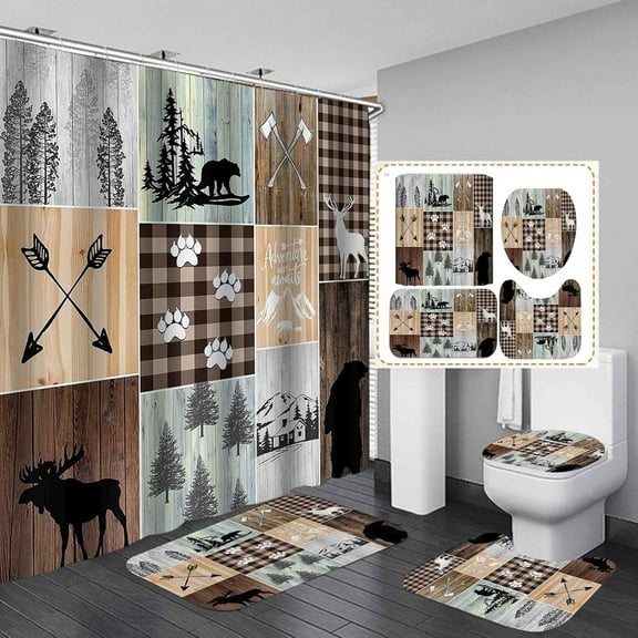 4PCS Cabin Shower Curtain Set, Vintage Patchwork Brown Buffalo Plaid Black Bear Deer Elk Moose Woodland Animal Wildlife Hunting Lodge Country Rustic Farmhouse Bathroom Decor, Non-slip Bath Mat
