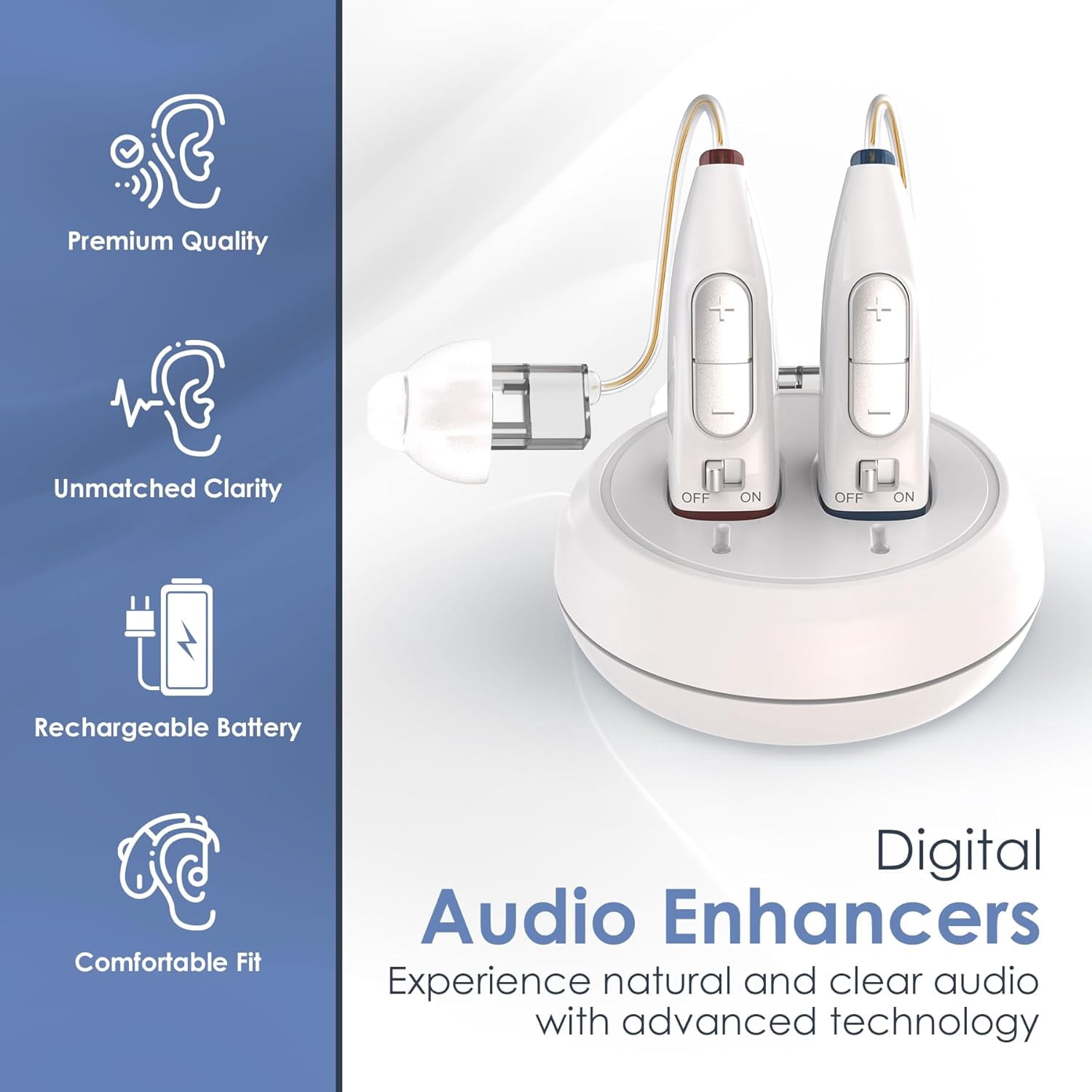 Rechargeable Hearing Aids for Seniors - (Pair) Digital Binaural Behind-The-Ear Personal Sound Amplification Aid Device, Long Lasting Battery, Comfortable All-Day BTE Design, Noise Cancellation, White