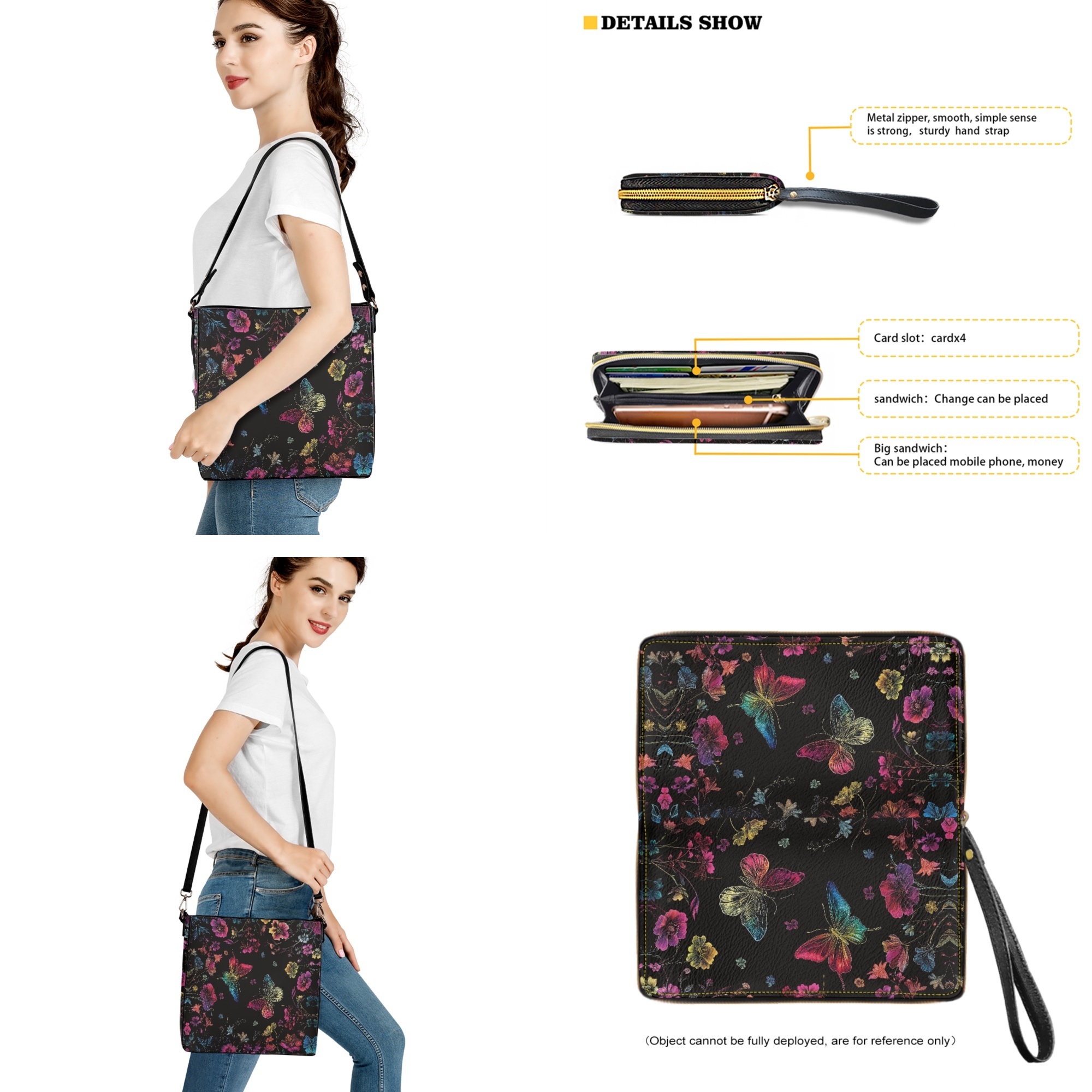 ZUXONGSY Colorful Butterfly Daisy Flower Print Bucket Purse and Wallet Set for Women Trendy Leather Crossbody Handbag with Wrist Wallet Casual Shoulder Bag with Leather Wallet for Working