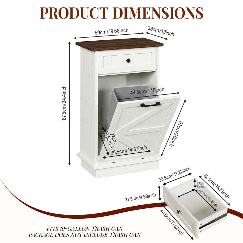 20''W Tilt Out Trash Can Storage Cabinet with A Drawer, Farmhouse Small Kitchen Island with 10-Gallon Trash Hidden Cabinet