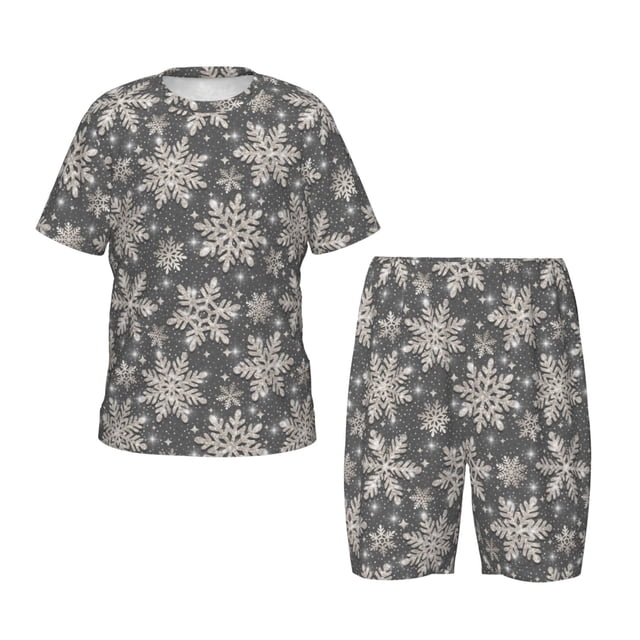 Fotbe Sparkling Snowflakes Pijama Estampada de 2 Piezas para Niños – Ropa de Dormir de Manga Corta Cómoda para Niños y Niñas, Camiseta y Shorts de Algodón-Large